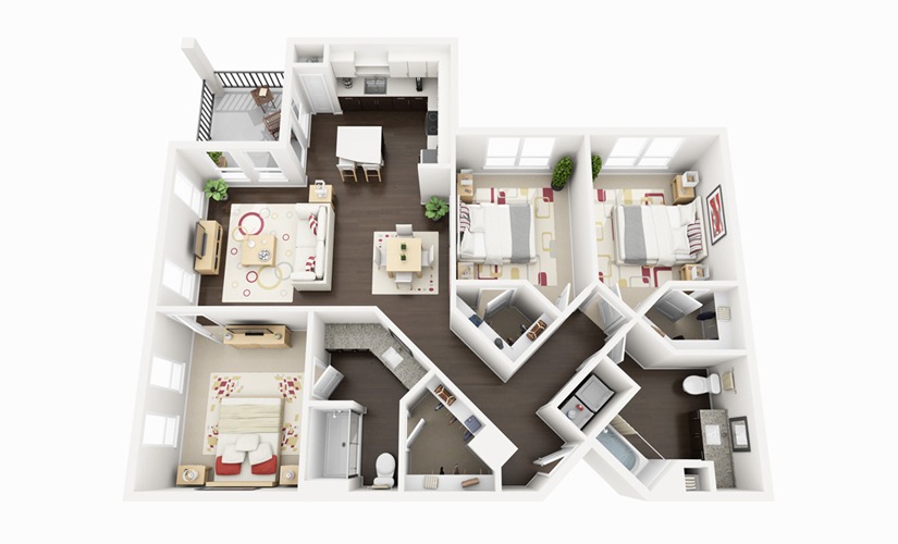 C1 - 3 bedroom floorplan layout with 2 bathrooms and 1315 square feet