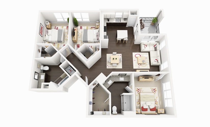 C2 - 3 bedroom floorplan layout with 2 bathrooms and 1330 square feet