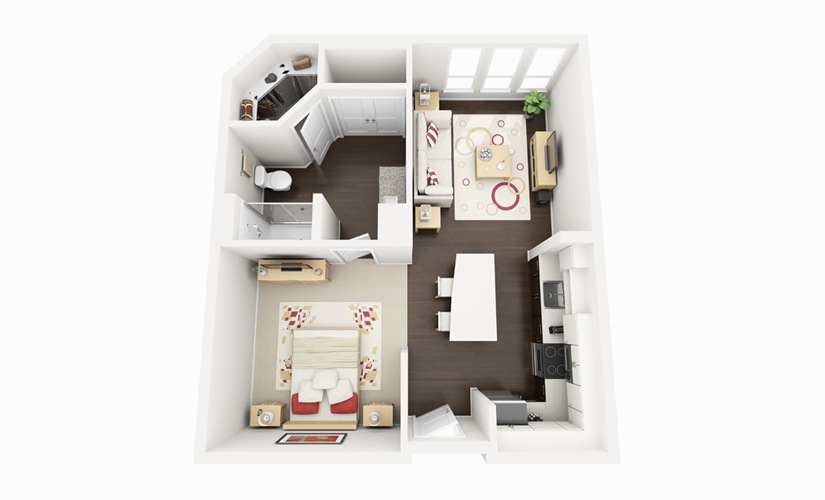 S2 - Studio floorplan layout with 1 bathroom and 652 square feet